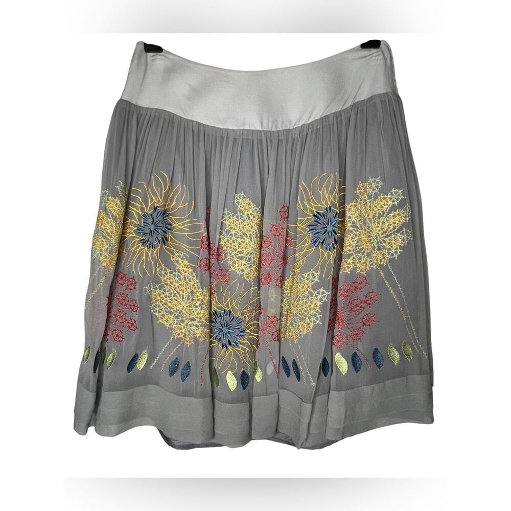 Blue Tassel Anthropologie Silk Gray Yellow Floral Embroidered Skirt Sz S Artsy
